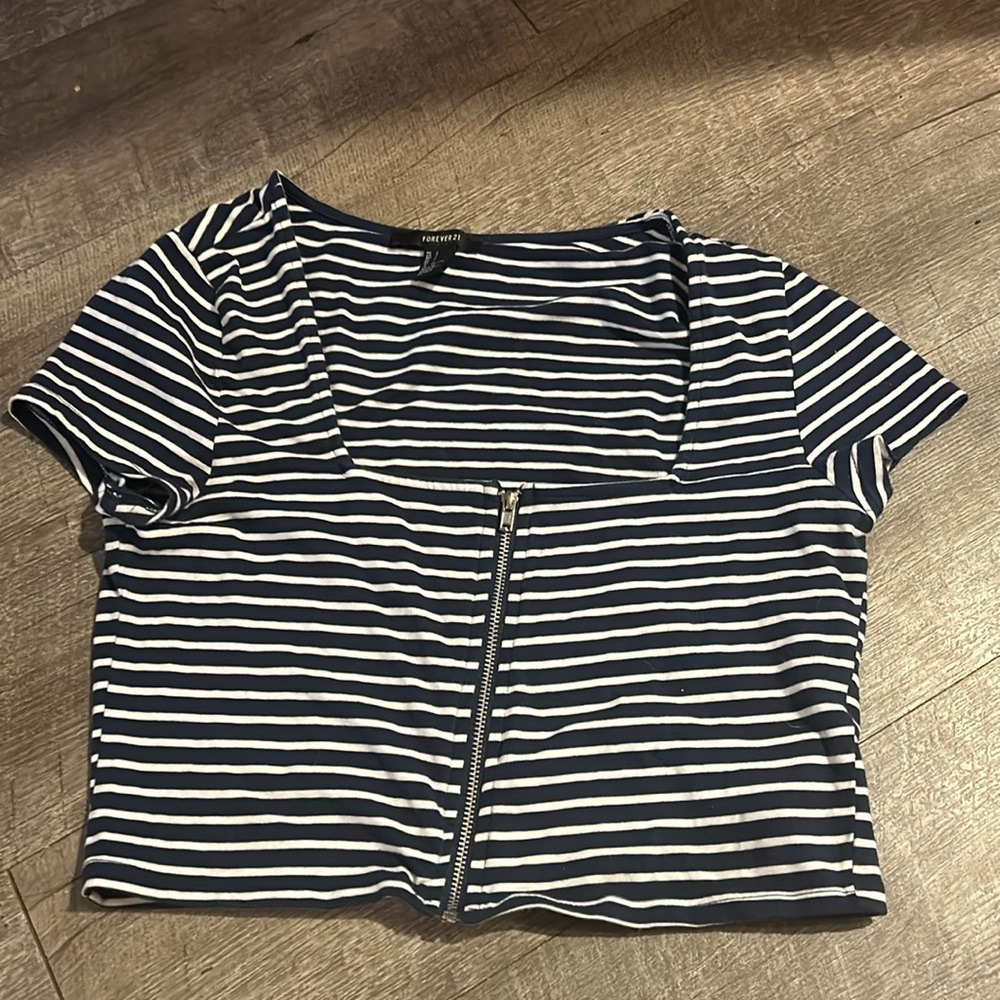 Forever 21 Navy‎ White Striped Zip Front Square Neck Crop Top Large